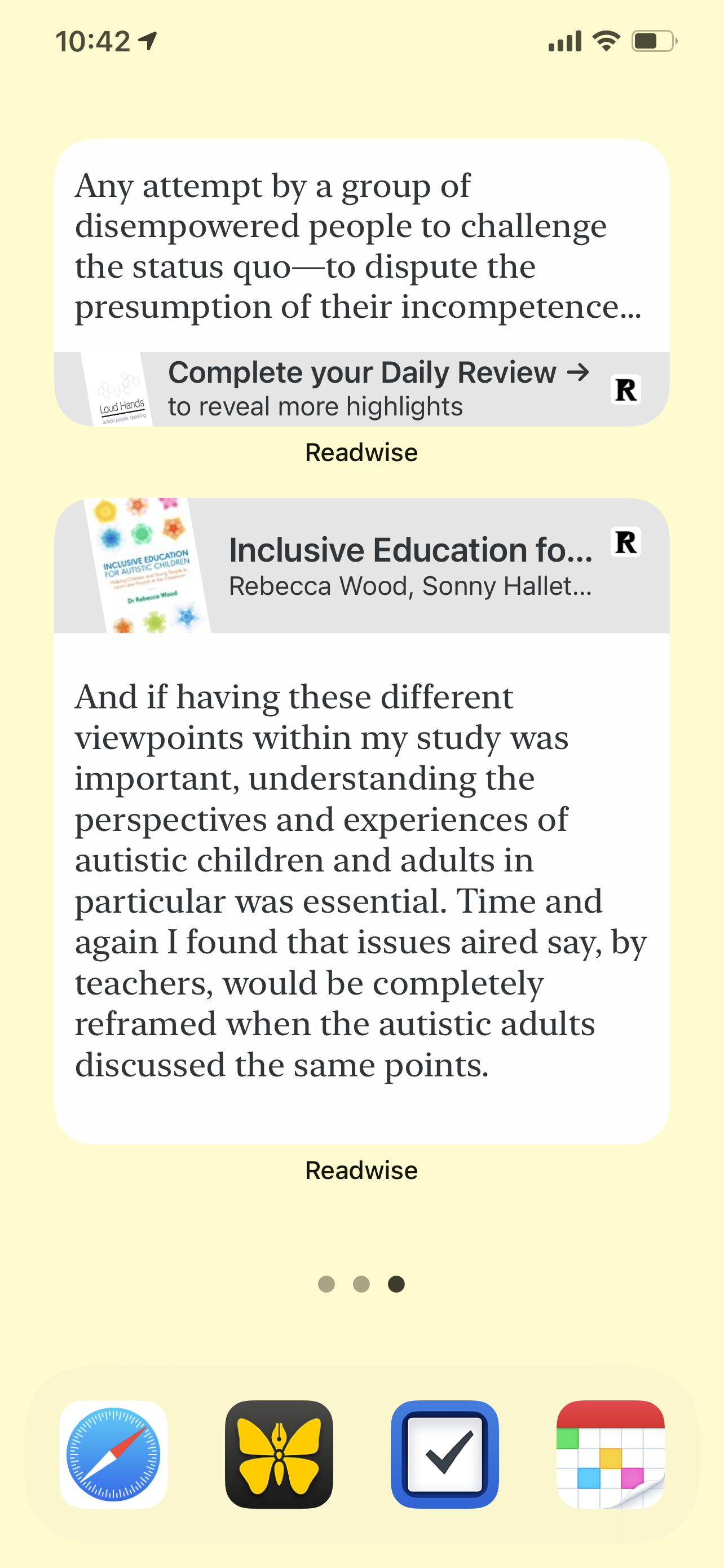 ReadWise widgets showing quotes from "Loud Hands" and "Inclusive Education for Autistic Children"