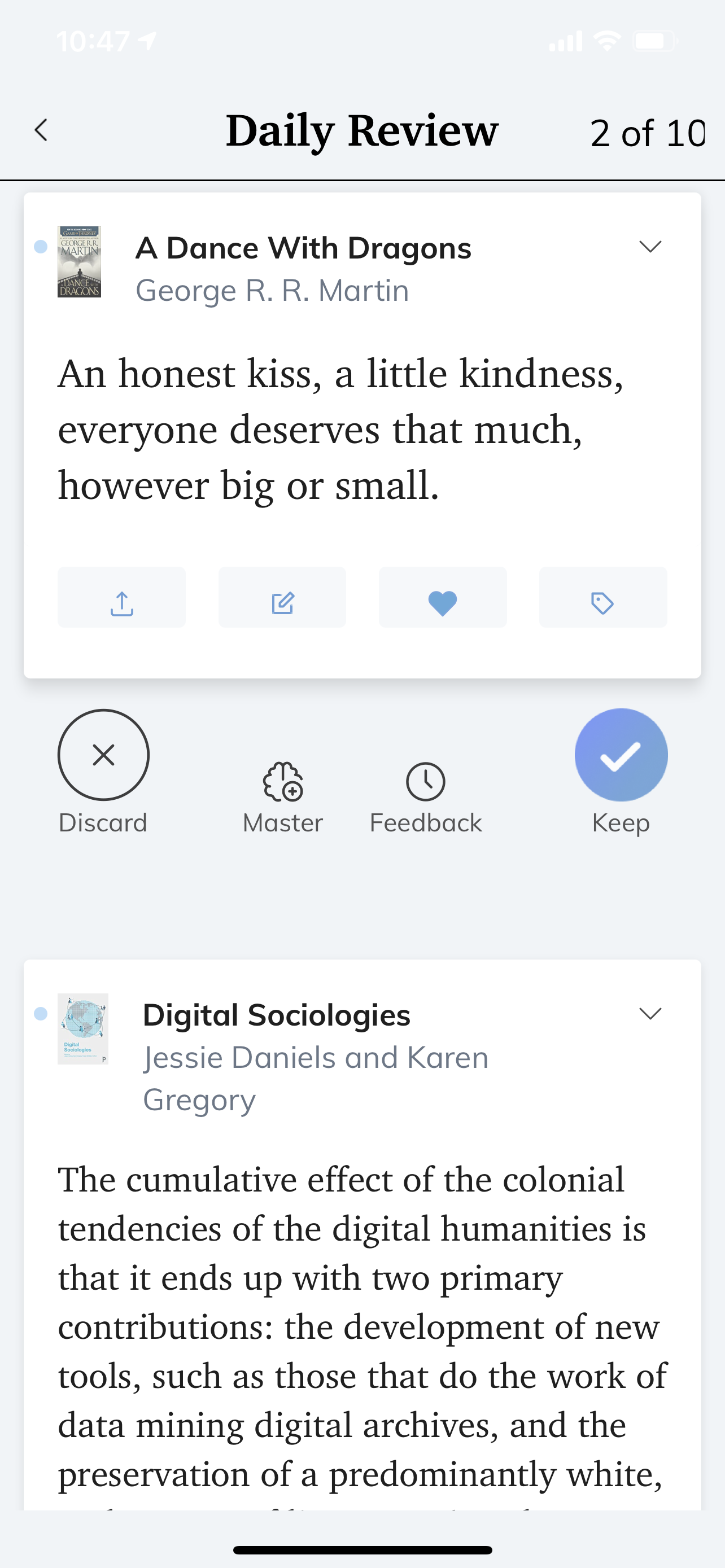 ReadWise showing quotes from "A Dance With Dragons" and "Digital Sociologies"
